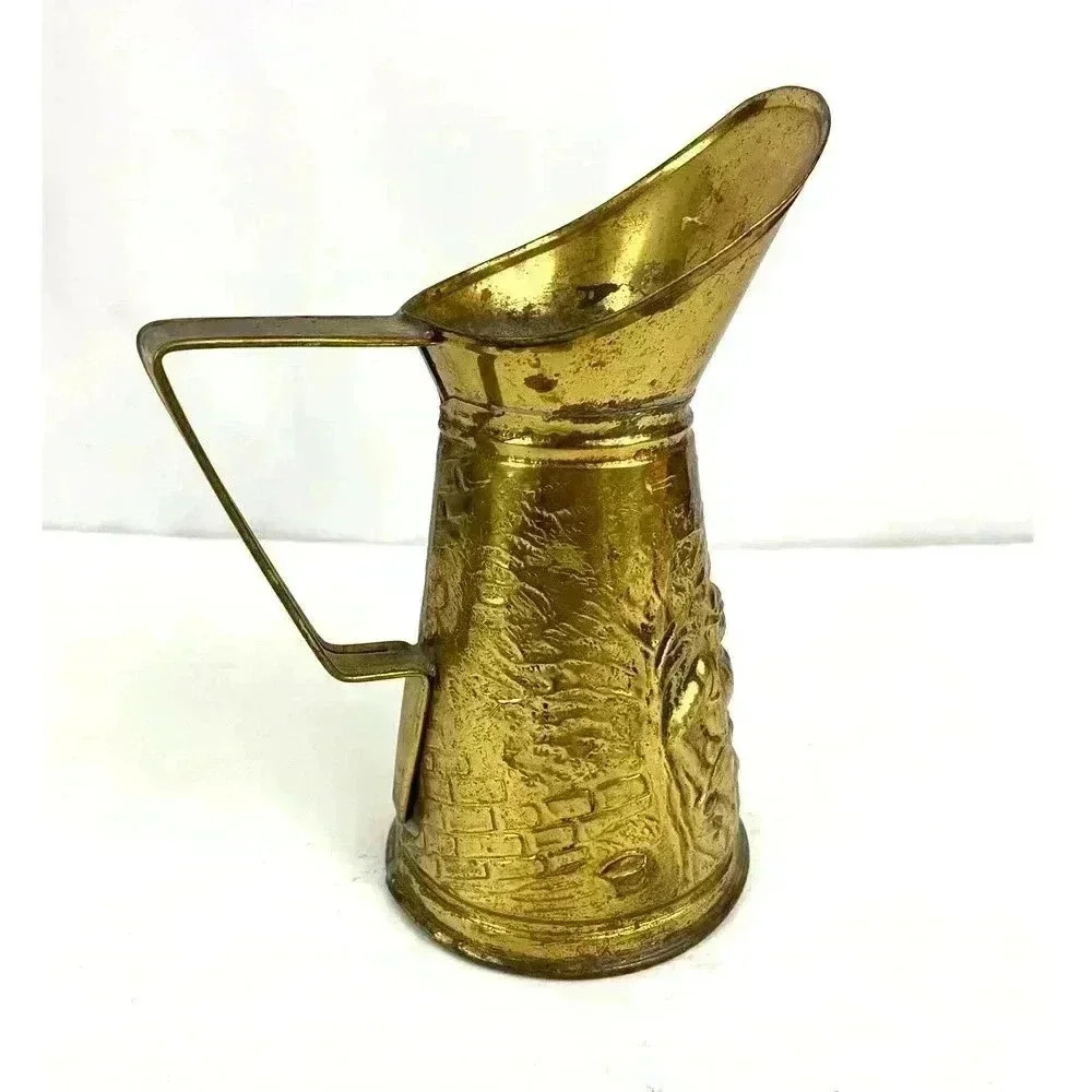 VTG Brass Embossed Pitcher Made in England Pub Scene 8.5" Hammered
